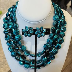 Vintage Hong Kong Multi Hued Blue Black Beaded 3 Strand Necklace & Clip Earrings